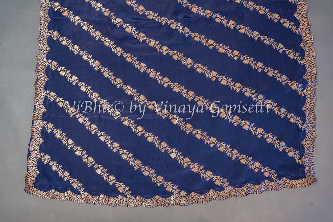 Navy Blue Banarasi Silk Saree And Blouse With Diagonal Lines And Scalloped Borders