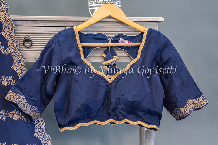 Navy Blue Banarasi Silk Saree And Blouse With Diagonal Lines And Scalloped Borders