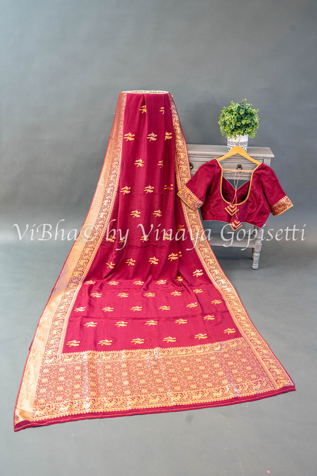 Burgundy Raw Mango Banarasi Silk Saree And Blouse