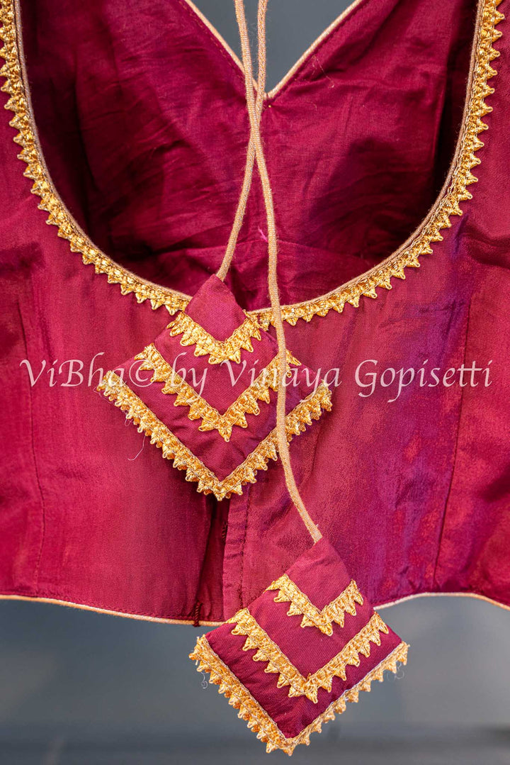 Burgundy Raw Mango Banarasi Silk Saree And Blouse