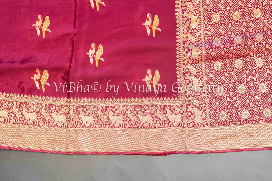 Burgundy Raw Mango Banarasi Silk Saree And Blouse