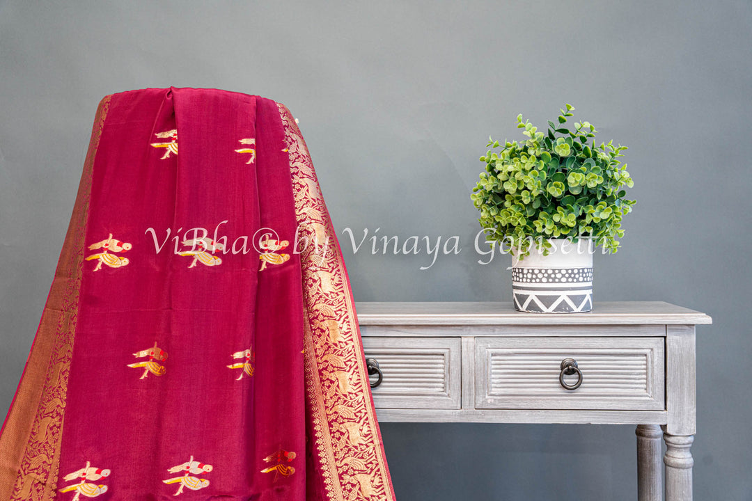 Burgundy Raw Mango Banarasi Silk Saree And Blouse