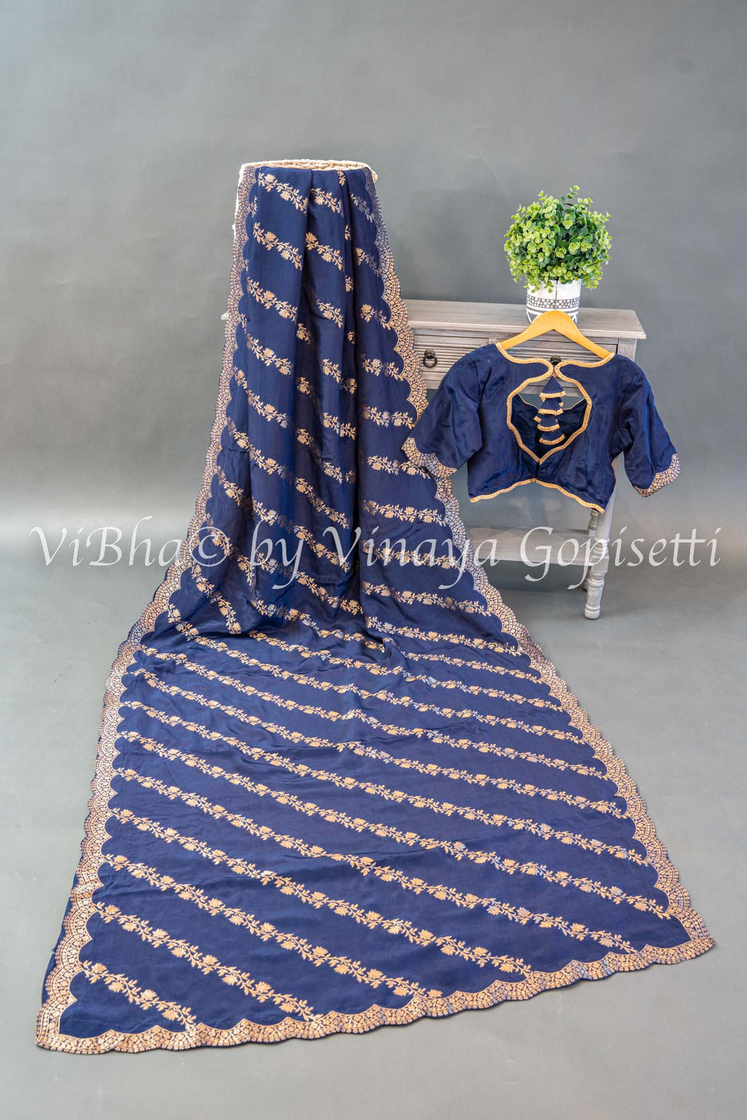 Navy Blue Banarasi Silk Saree And Blouse With Diagonal Lines And Scalloped Borders