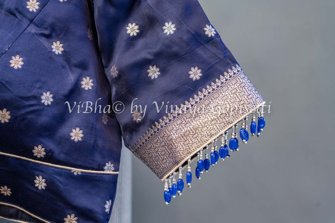 Navy Blue Raw Mango Banarasi Silk Saree And Blouse