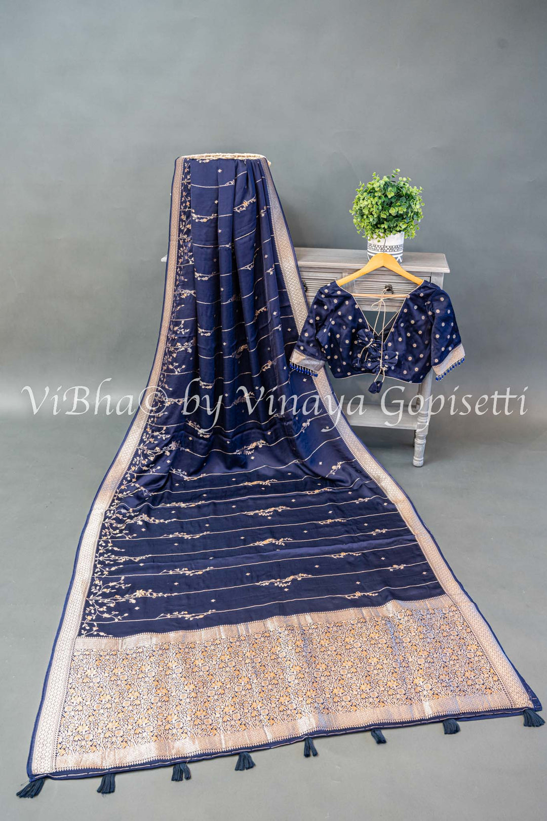 Navy Blue Raw Mango Banarasi Silk Saree And Blouse