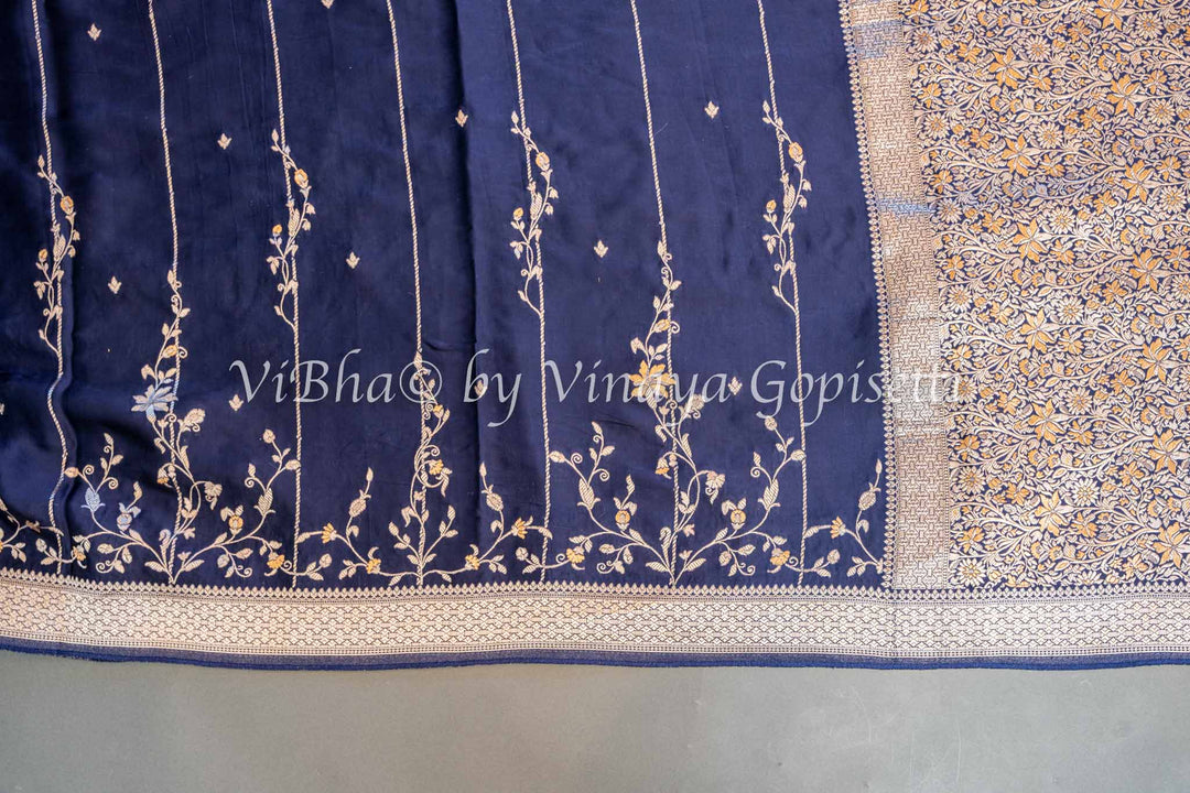 Navy Blue Raw Mango Banarasi Silk Saree And Blouse