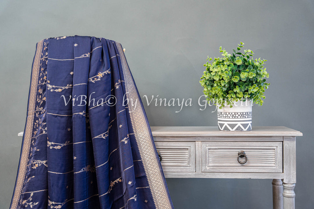 Navy Blue Raw Mango Banarasi Silk Saree And Blouse