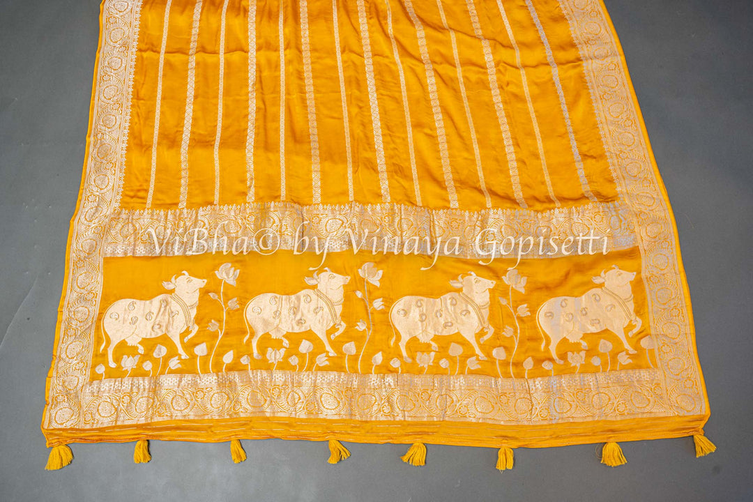 Mustard Yellow Zari Lines and Pichwai Pallu Banarasi Silk Saree with Blouse