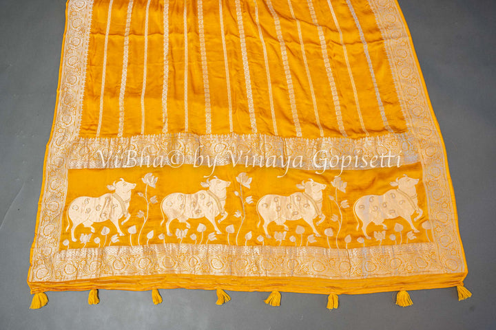 Mustard Yellow Zari Lines and Pichwai Pallu Banarasi Silk Saree with Blouse