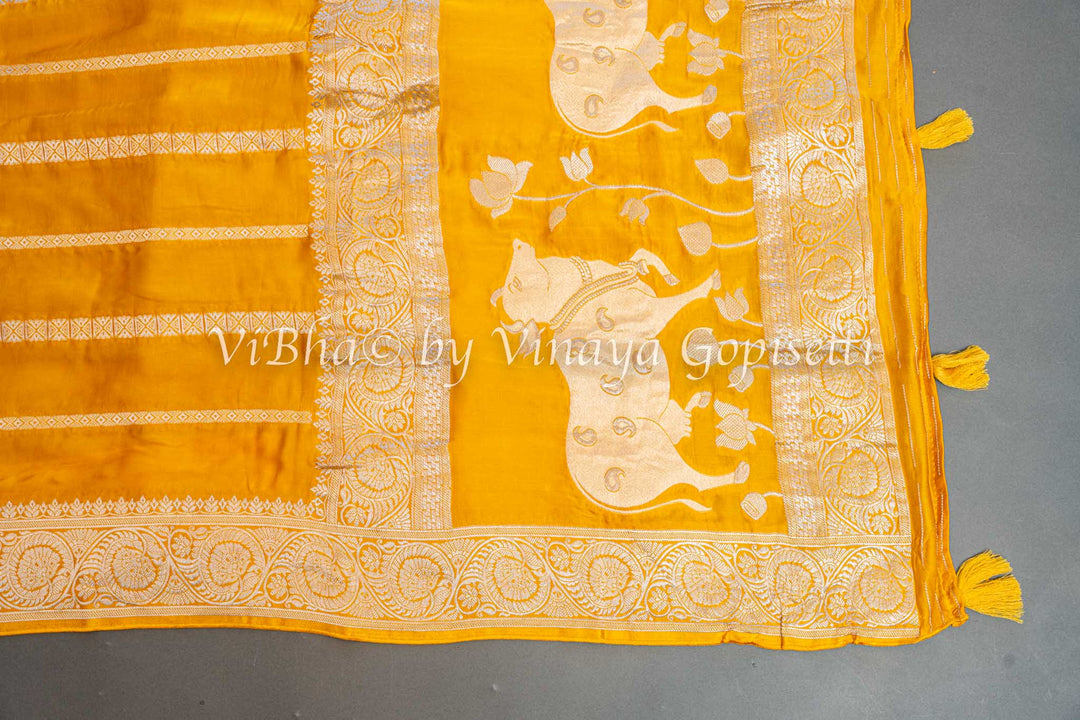 Mustard Yellow Zari Lines and Pichwai Pallu Banarasi Silk Saree with Blouse