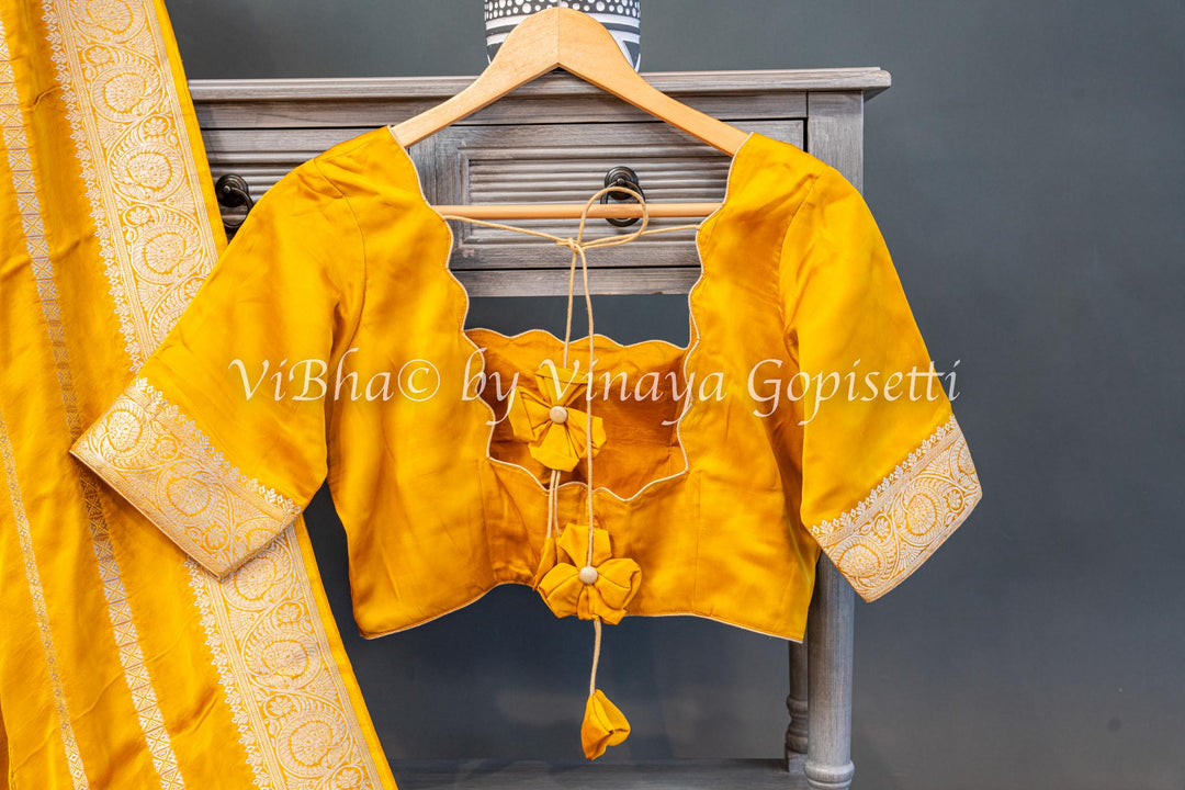 Mustard Yellow Zari Lines and Pichwai Pallu Banarasi Silk Saree with Blouse