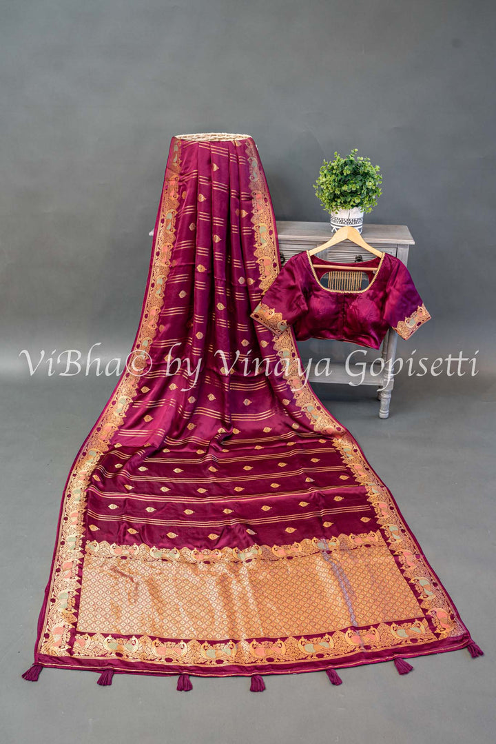 Dark Wine Raw Mango Banarasi Silk Saree And Blouse Wirh Lines Zari And Meenakari Work