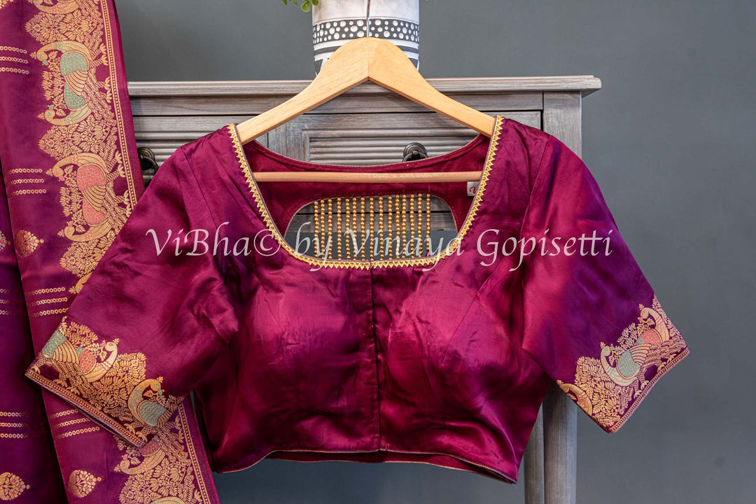 Dark Wine Raw Mango Banarasi Silk Saree And Blouse Wirh Lines Zari And Meenakari Work