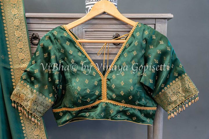 Emerald Green Raw Mango Banarasi Silk Saree And Blouse