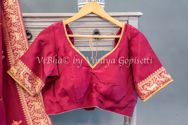 Burgundy Raw Mango Banarasi Silk Saree And Blouse