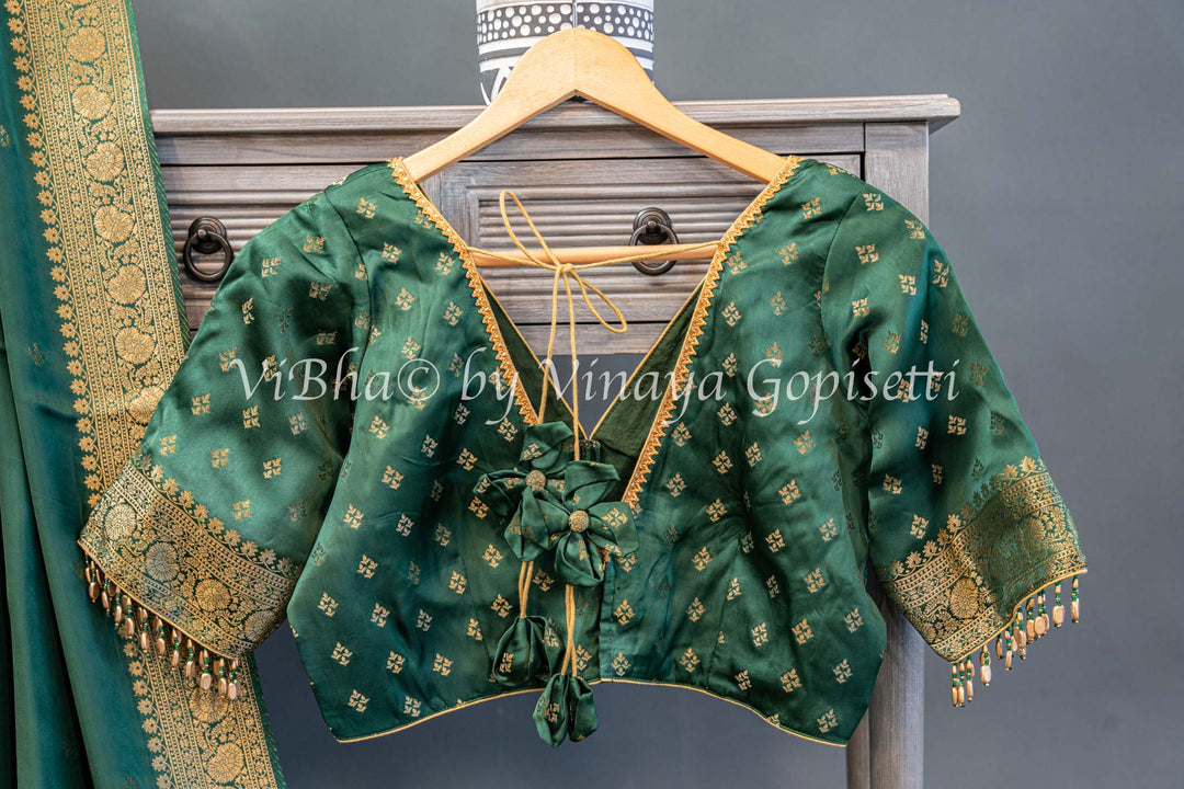 Emerald Green Raw Mango Banarasi Silk Saree And Blouse