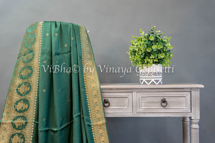 Emerald Green Raw Mango Banarasi Silk Saree And Blouse