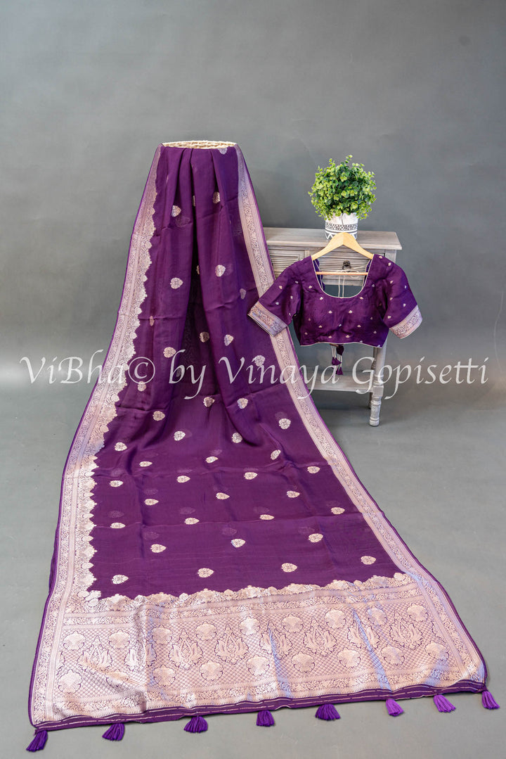 Violet Kora Banarasi Silk Saree and Blouse with Zari