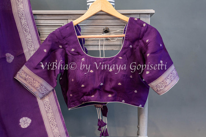 Violet Kora Banarasi Silk Saree and Blouse with Zari