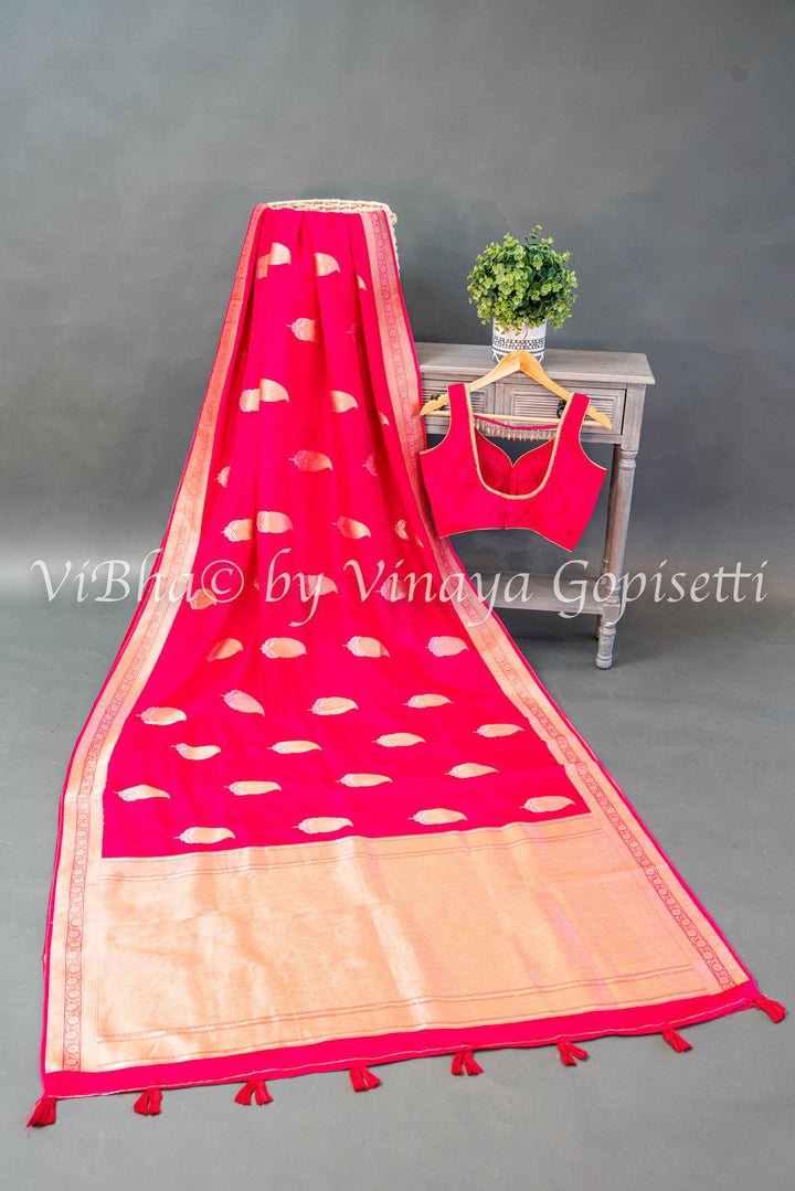 Hot Pink Raw Mango Banarasi silk saree and blouse