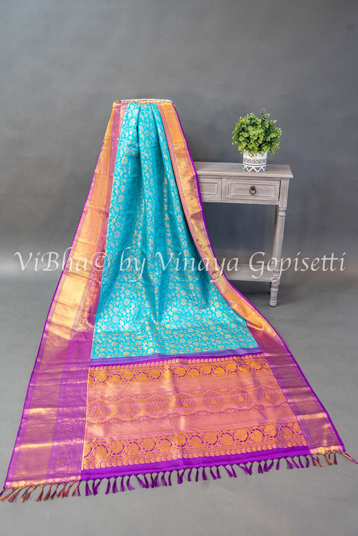 Sky Blue And Purple Kanchi Silk Saree And Blouse