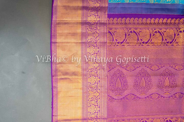 Sky Blue And Purple Kanchi Silk Saree And Blouse