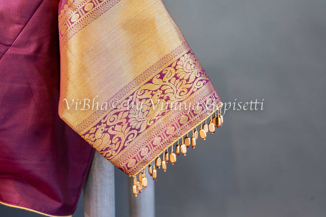 Pink And Burgundy Kanchi Silk Saree And Blouse