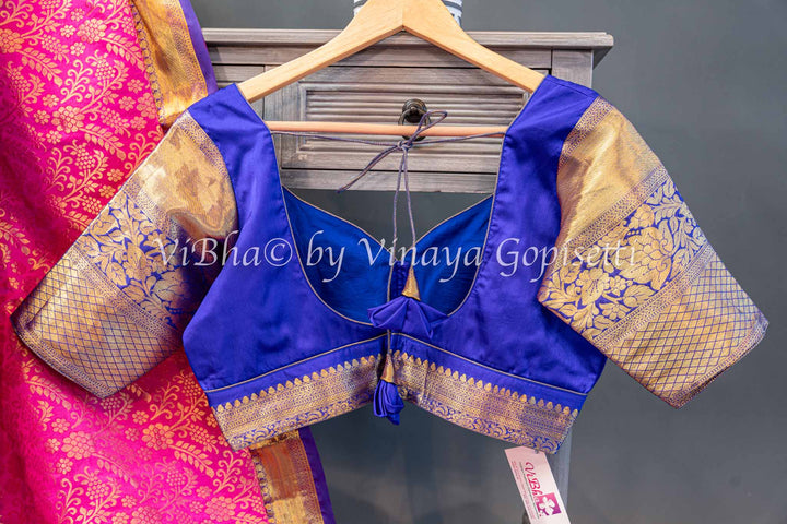 Pink And Royal Blue Kanchi Silk Saree And Blouse