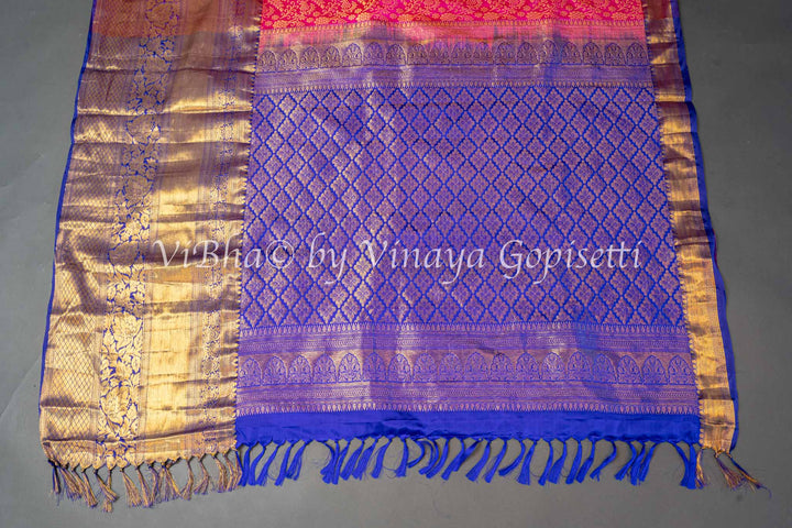 Pink And Royal Blue Kanchi Silk Saree And Blouse