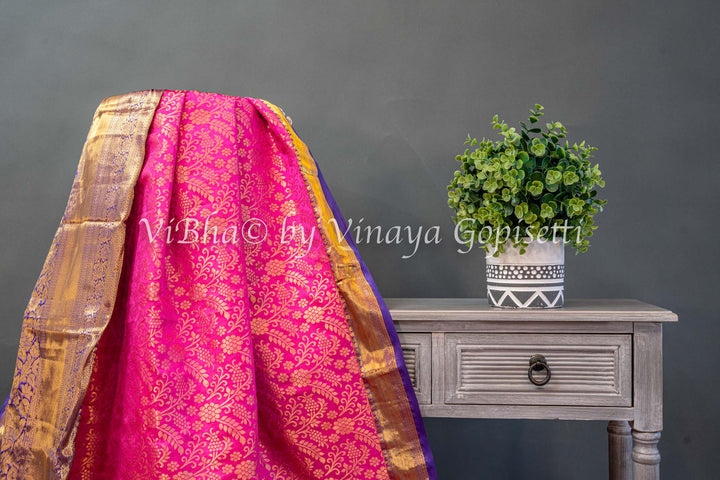 Pink And Royal Blue Kanchi Silk Saree And Blouse