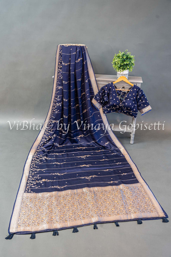 Navy Blue Raw Mango Banarasi Silk Saree And Blouse