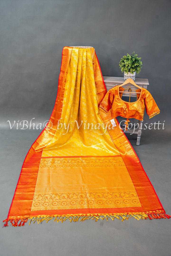 Yellow And Red Kanchi Silk Saree And Blouse