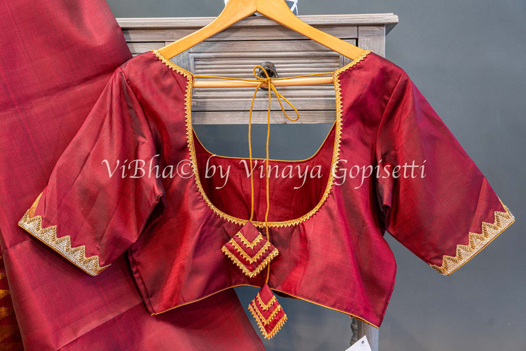 Maroon Rising Border Kanchi Silk Saree And Blouse