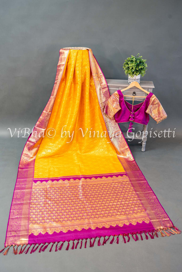 Yellow And Purple Kanchi Silk Saree And Blouse