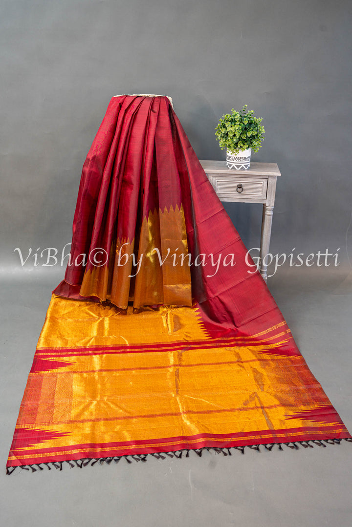 Maroon Rising Border Kanchi Silk Saree And Blouse