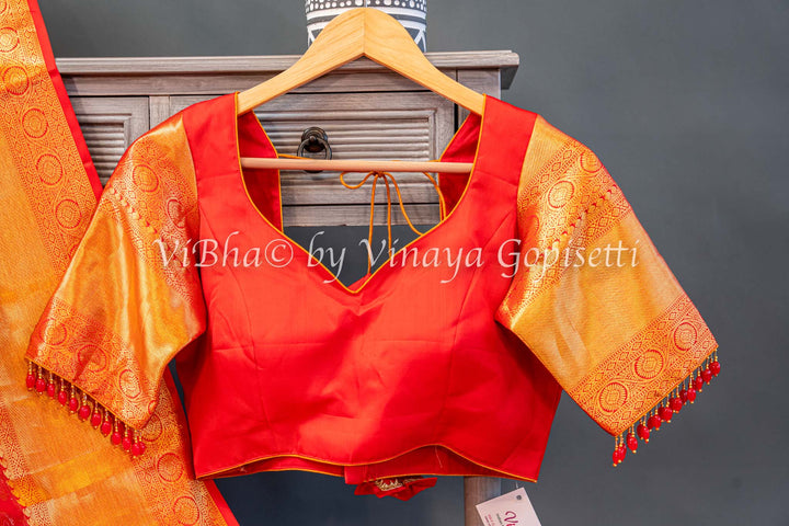 Red Gold And Silver Zari Kanchi Silk Saree And Blouse