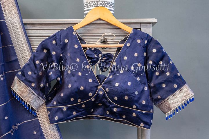 Navy Blue Raw Mango Banarasi Silk Saree And Blouse