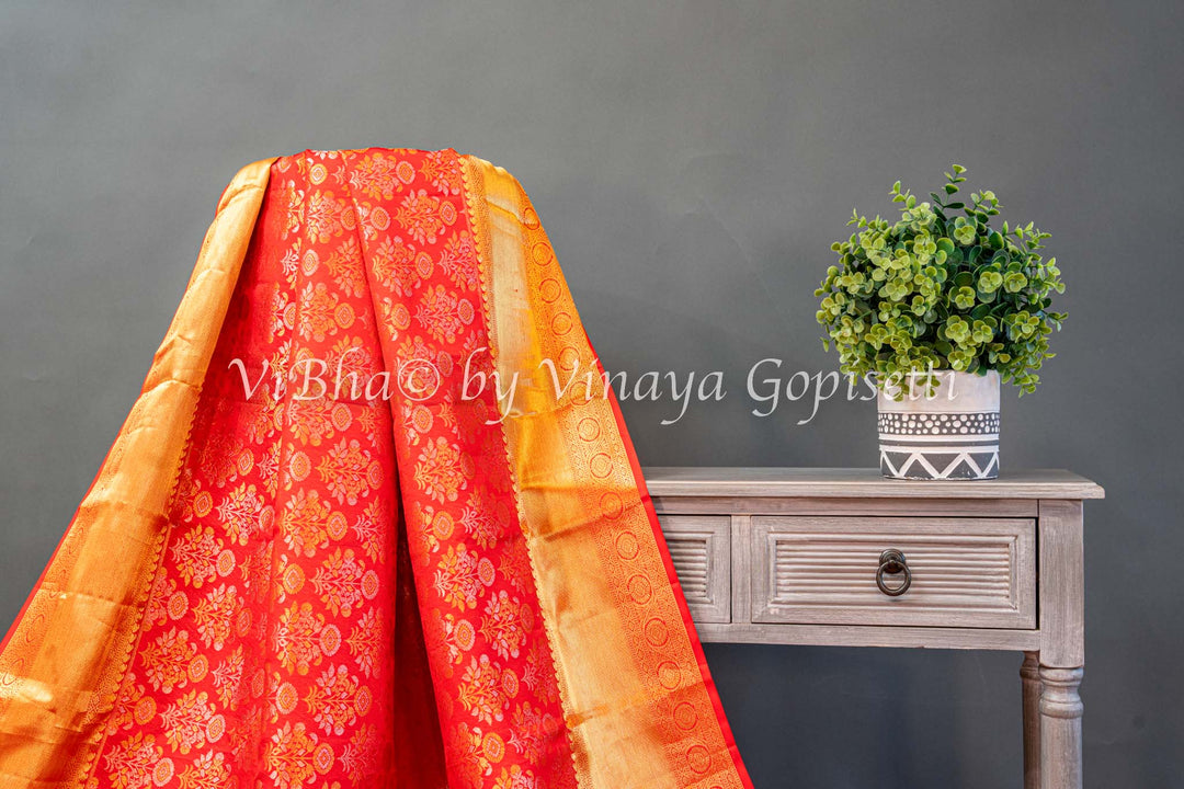 Red Gold And Silver Zari Kanchi Silk Saree And Blouse