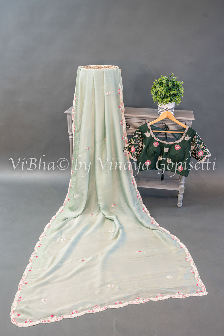 Pastel And Dark Green Soft Organza Embroidered Saree And Blouse