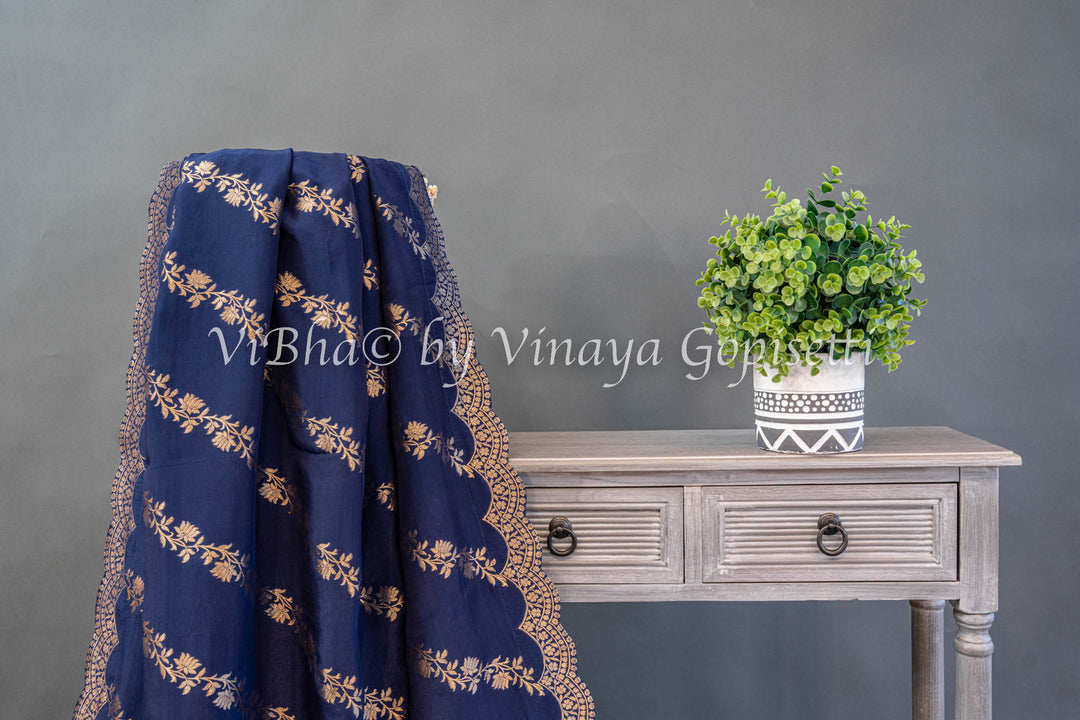 Navy Blue Banarasi Silk Saree And Blouse With Diagonal Lines And Scalloped Borders