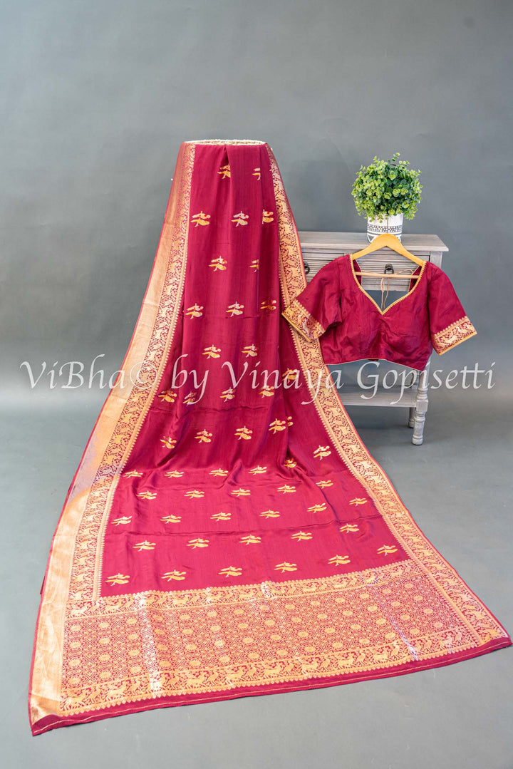 Burgundy Raw Mango Banarasi Silk Saree And Blouse