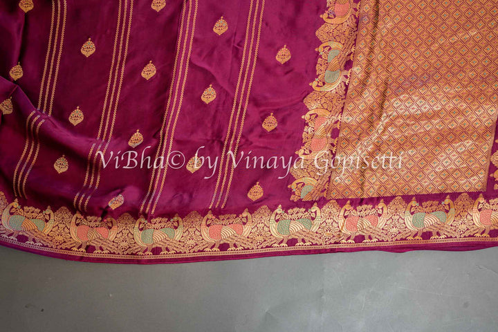 Dark Wine Raw Mango Banarasi Silk Saree And Blouse Wirh Lines Zari And Meenakari Work