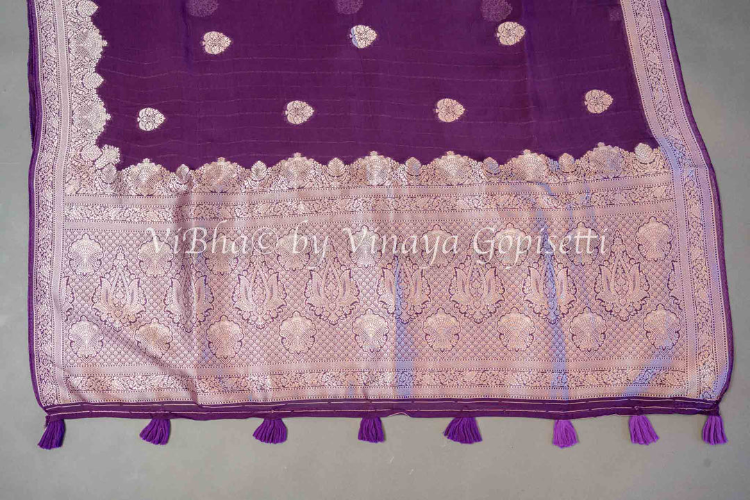 Violet Kora Banarasi Silk Saree and Blouse with Zari