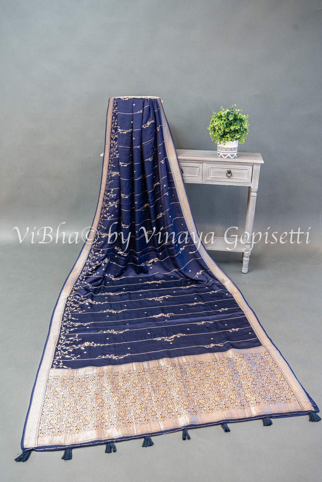 Navy Blue Raw Mango Banarasi Silk Saree And Blouse