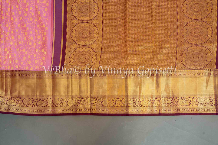 Pink And Burgundy Kanchi Silk Saree And Blouse