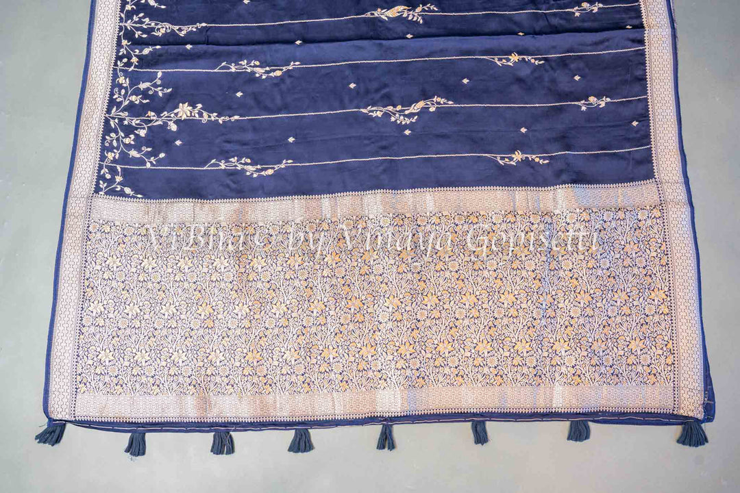 Navy Blue Raw Mango Banarasi Silk Saree And Blouse