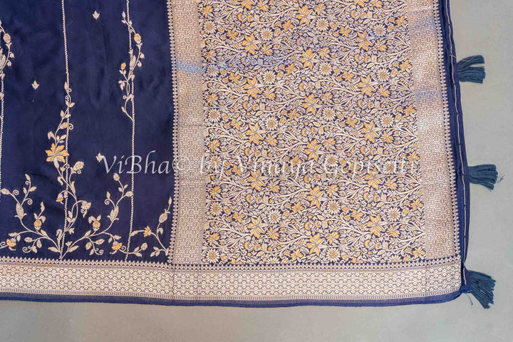 Navy Blue Raw Mango Banarasi Silk Saree And Blouse