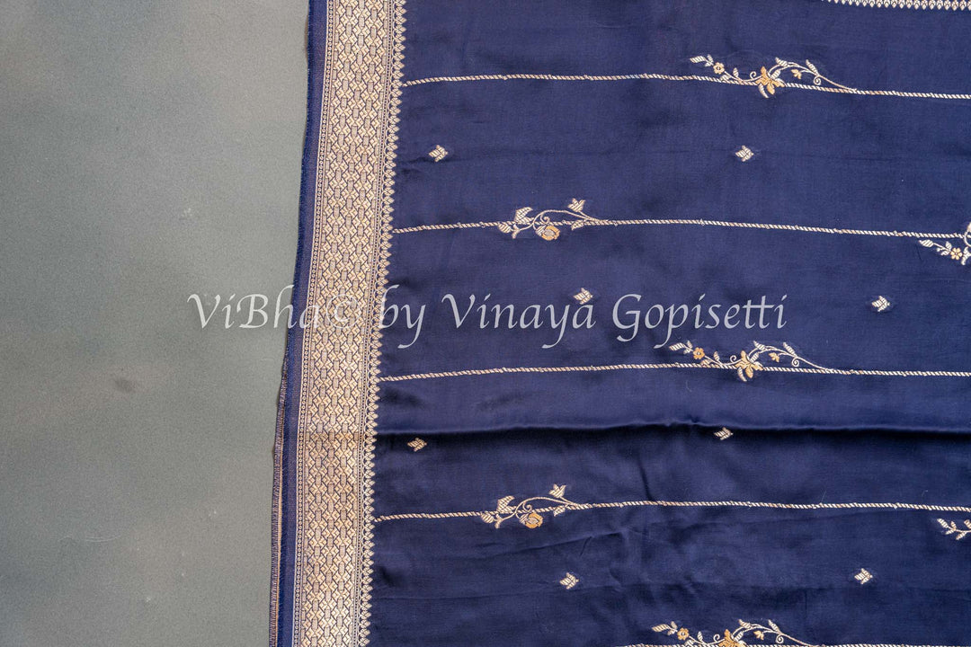 Navy Blue Raw Mango Banarasi Silk Saree And Blouse