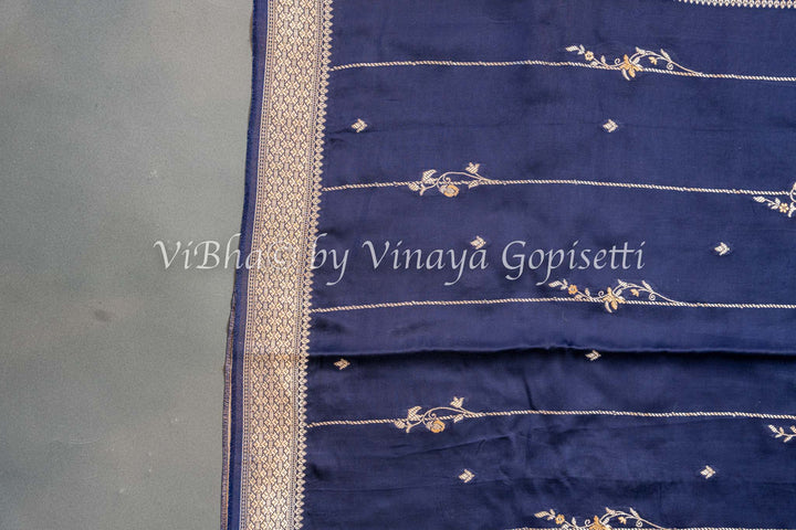 Navy Blue Raw Mango Banarasi Silk Saree And Blouse