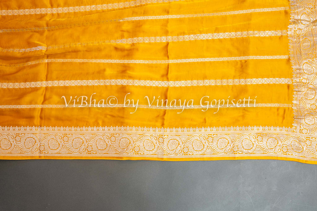 Mustard Yellow Zari Lines and Pichwai Pallu Banarasi Silk Saree with Blouse